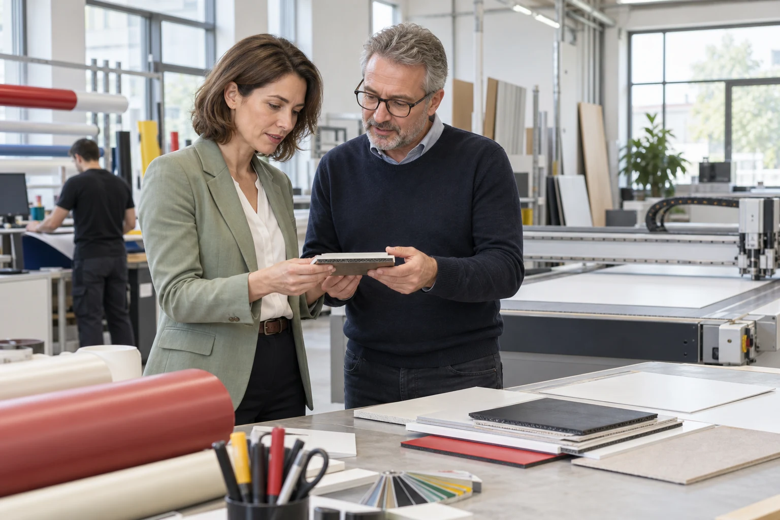 Kaufinteressentin und Eigentümer in einem Wiener Produktionsbetrieb für Beschriftungen